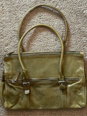 Helen Welsh Olive Green Italian Leather Tote-Handbag with Purple Lining.